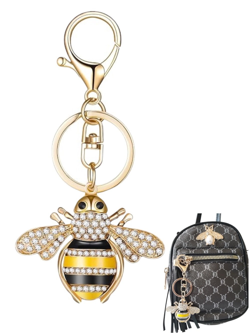 Honey Bee Bag Charm Rhinestone Yellow Enamel Purse Bumble Keychain